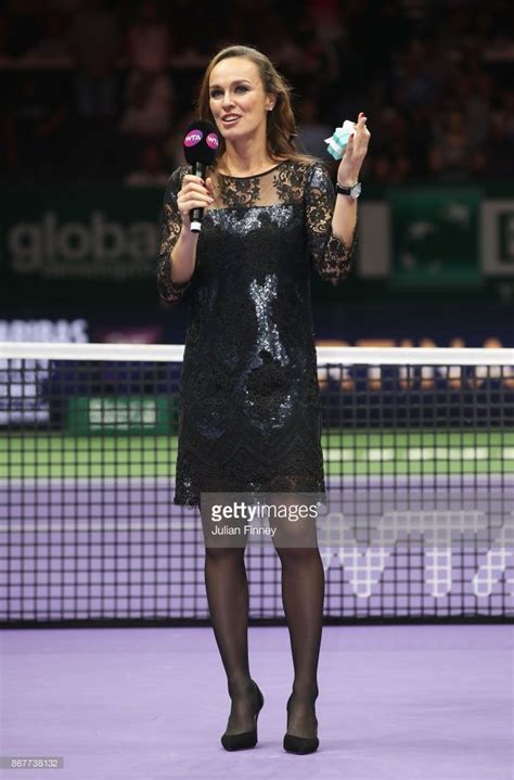 Martina Hingis of Switzerland talks during her retirement ceremony ...