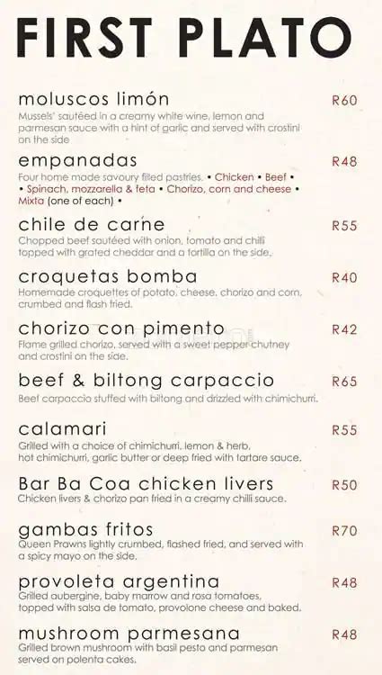 Bar Ba Coa Argentinian Grill Menu - Zomato SA