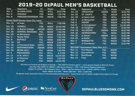 20192020 DePaul Blue Demons Mens Basketball pocket schedule : Free ...