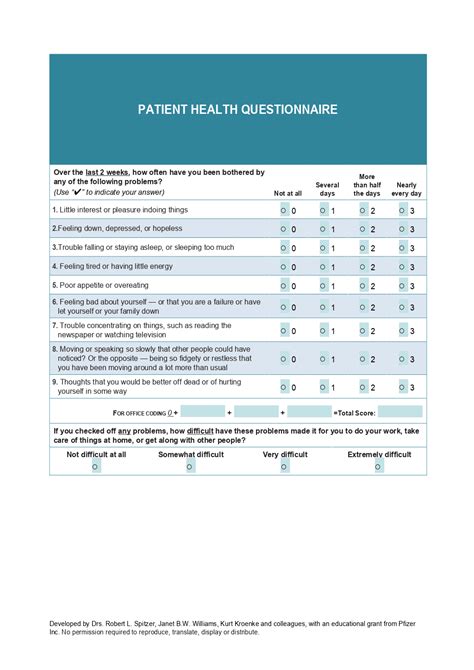 Patient Health Questionnaire 9 (PHQ 9) template