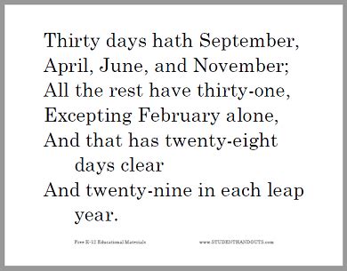 Thirty days hath September, April, June, and November; All the rest ...