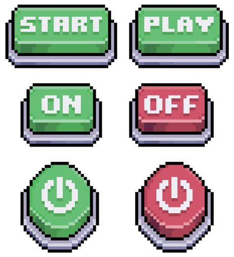 Pixel art game buttons, start, play, on, off icon for 8bit game on white background | Pixel art ...