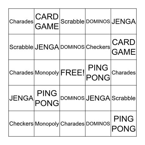 Game Night Bingo Card