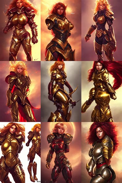 Picture of Female Paladin, bulky armor, metallic red, | Stable Diffusion