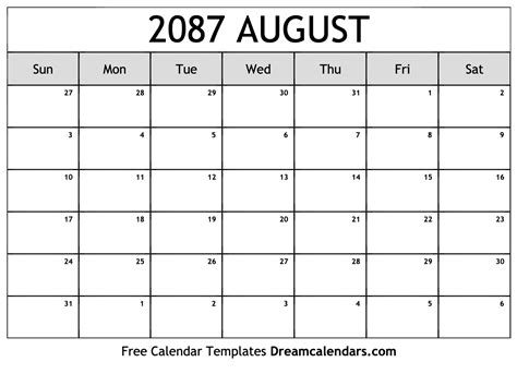 August 2087 Calendar - Free Printable with Holidays and Observances