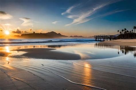 Premium AI Image | A pier on a beach at sunset