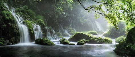 Spring Waterfall Stone Fog Mist Green Forest, waterfall, forest, nature, HD wallpaper | Peakpx