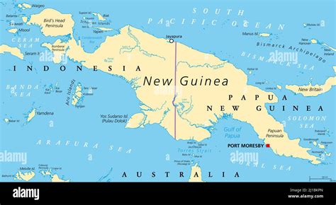 New Guinea, political map. 2nd-largest island of the world, locate in Oceania, South Pacific ...