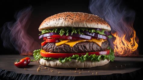 Premium AI Image | Hamburger with grilled beef and vegetables Grilled beef burger with cheese