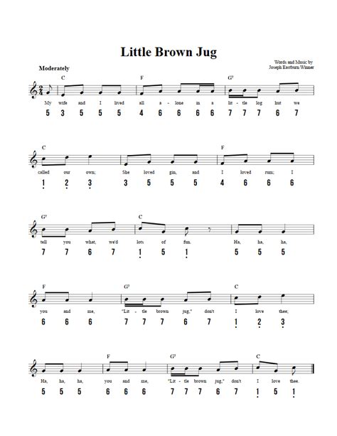 Little Brown Jug - Easy Kalimba Sheet Music and Tab with Chords and Lyrics