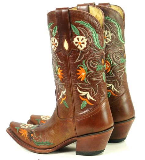 Tony Lama Brown Leather Snip Toe Cowboy Boots Embroidered Flowers Women's 7 B | oldrebelboots