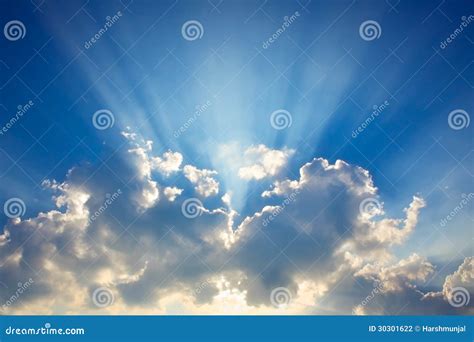 Blue Sky & Clouds with Sun Rays Stock Photo - Image of beautiful, seasonal: 30301622