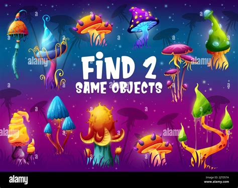 Find two same magic mushrooms. Kids game vector worksheet. Objects compare kids game, preschool ...