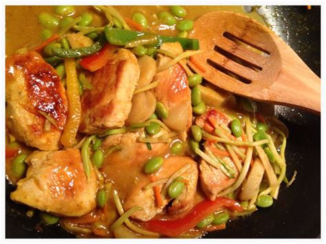 A favorite dish: yellow curry chicken & veggies. Edamame, water chestnuts, broccoli slaw, bell ...