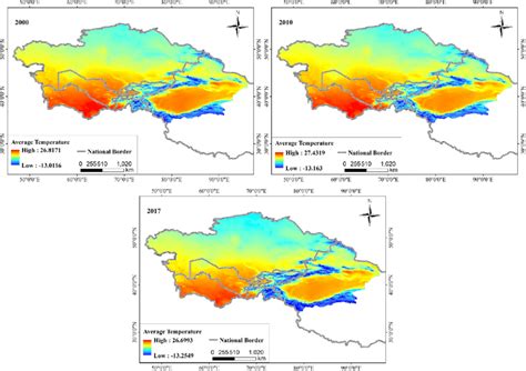 Maximum temperature map of Central Asia in 2000, 2010 and 2017. | Download Scientific Diagram