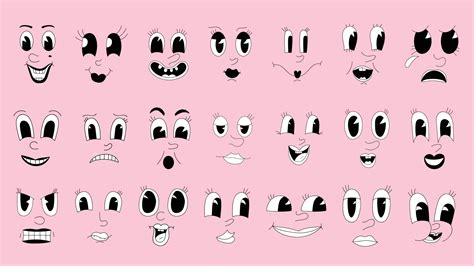 Cute 30s retro cartoons, female characters, funny faces. Elements of the eyes and mouth of the ...