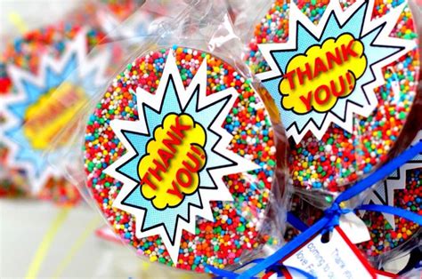 Freckleberry Chocolate Freckle Lollipops (8cm diameter) as Thank you party favours for superhero ...