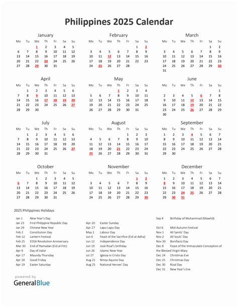 2025 Yearly Calendar Printable With Philippines Holidays