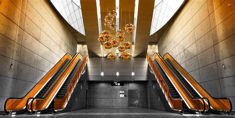 architecture, building, interior, modern, orange, escalator, stairs, interior design, lobby ...