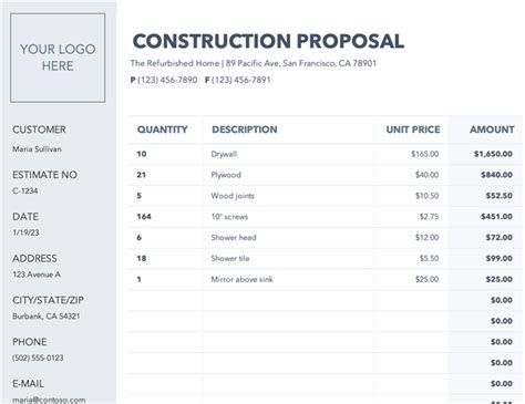 Construction Proposal Template Excel