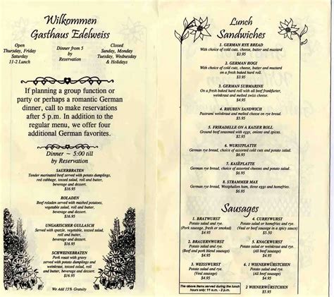 Menu at Gasthaus Edelweiss restaurant, Weber City