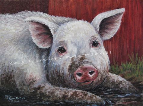 Fawn's Paintings: Mud Bath, animal portrait, pig covered in mud