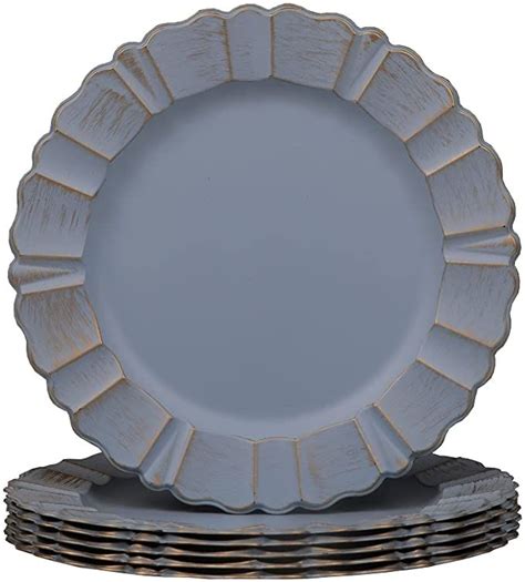 MAONAME 13" Dusty Blue Charger Plates, Antique Plate Chargers with Wipe Gold Waved Scalloped Rim ...