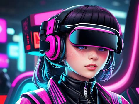 Generative AI Girl Wearing VR and Music Headset on a Futuristic ...