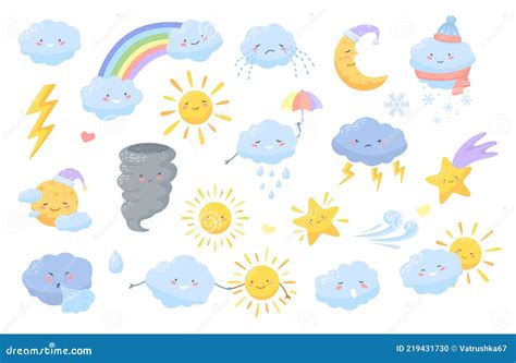 Cute Weather. Cartoon Weather Characters with Happy Faces. Clouds ...