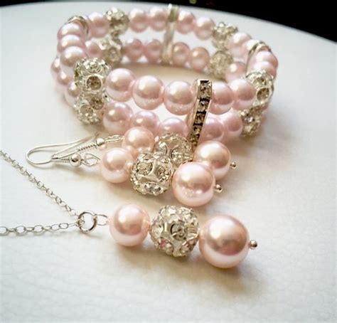 Light pink pearl jewelry set pink pearl bracelet earrings