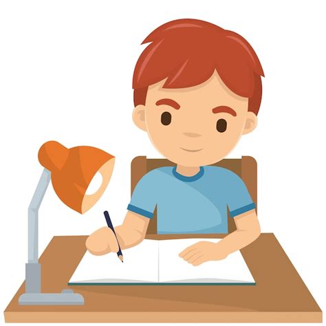 Premium Vector | Cute boy writing his homework at night