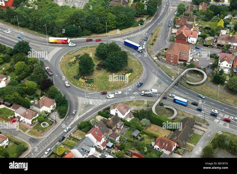 An aerial photograph of a typical roundabout junction on British Stock Photo: 25800565 - Alamy