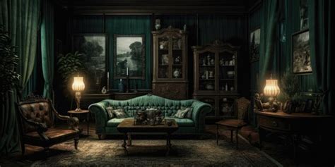 Premium AI Image | Interior of a house in a dark green color with antique furnishings