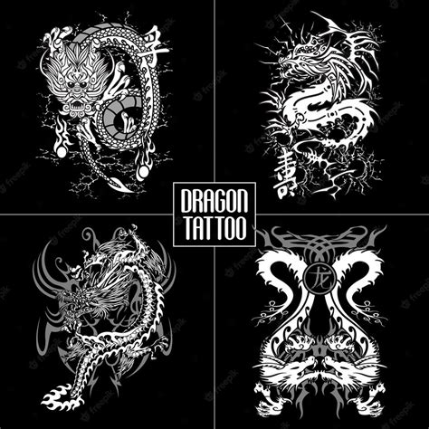 Premium Vector | A series of dragon tattoos on a black background