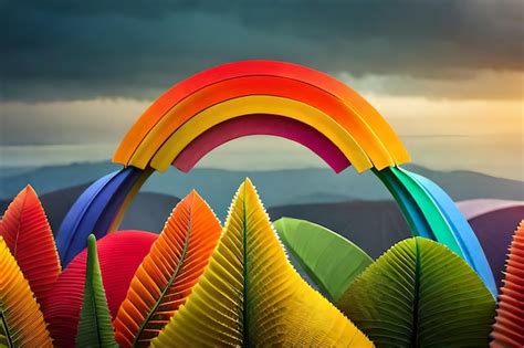 Premium AI Image | rainbow colored umbrellas with mountains in the ...