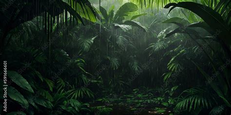 Jungle during heavy rain. Dark tropical forest with exotic plants, palm trees, big leaves and ...