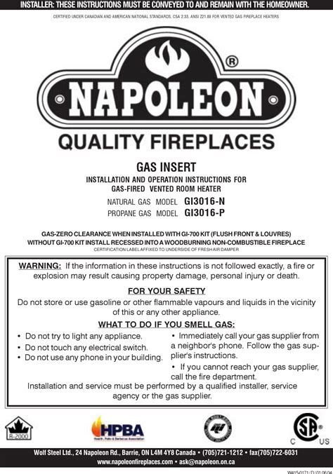 Napoleon Fireplaces Gi3016 P Users Manual W415 0171e GI3016.pmd