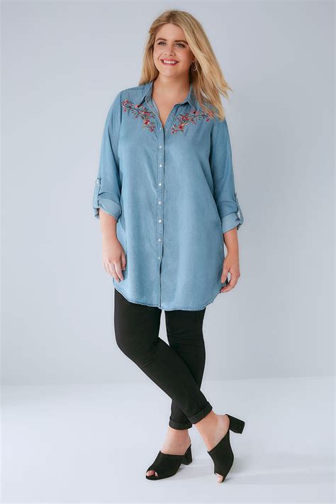 WOMENS DENIM LONGLINE Shirt With Floral Embroidery, Plus Size 16 To 36 ...