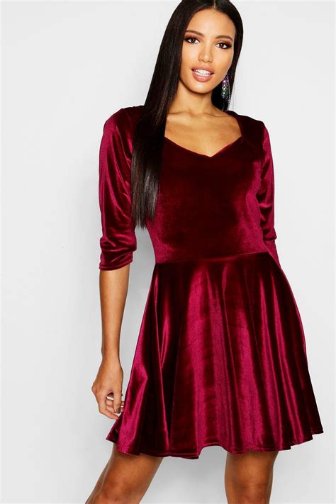 Boohoo Womens Lara Velvet Sweetheart Neck Skater Dress | eBay