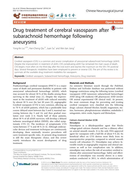 Drug Treatment of Cerebral Vasospasm After Subarachnoid Hemorrhage Following Aneurysms Yong-Fei ...