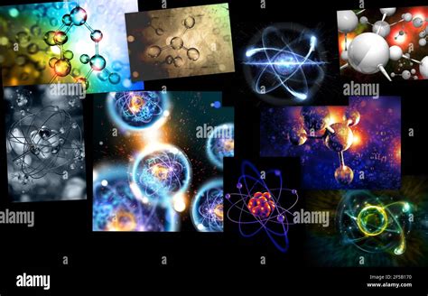 Close up 3D illustrations of a variety of atomic particles as science collage Stock Photo - Alamy