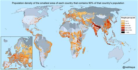 Population density of the smallest area of each country that contains 90% of that country's ...