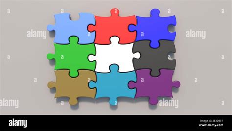 Puzzle jigsaw colorful tiles on gray color background, grid template 3X3, 9 pieces color variety ...