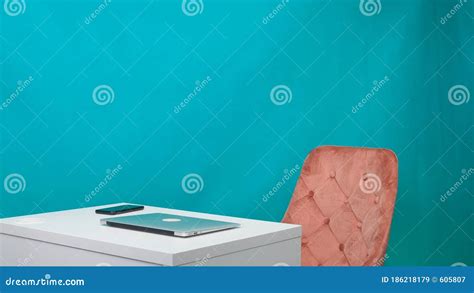 Empty Workplace with Laptop, White Table in a Modern Office on a Green Screen. Stock Image ...