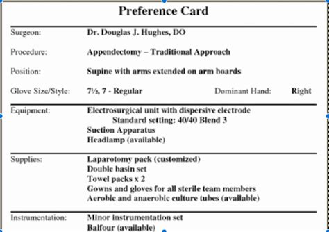 Surgeon Preference Card Template