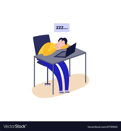 Cartoon tired man sleeping at desk open laptop Vector Image