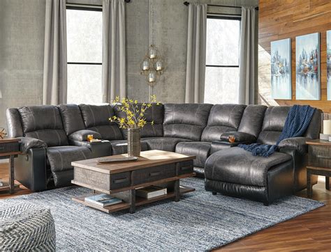 Nantahala Faux Leather Reclining Sectional with 2 Consoles & Chaise by ...