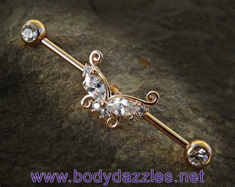 Rose Gold Butterfly with Opal Ends Industrial Barbell 14ga Surgical Steel Scaffold Bar Body ...