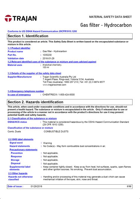 Material safety data sheet - Gas filter - Hydrocarbon