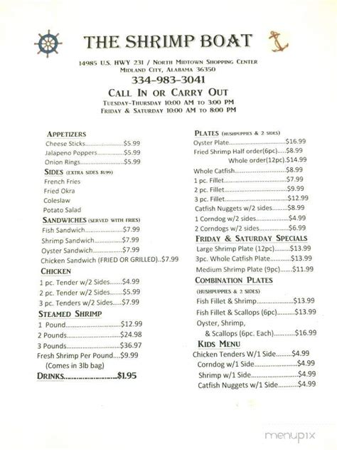 Menu of Shrimp Boat in Midland City, AL 36350